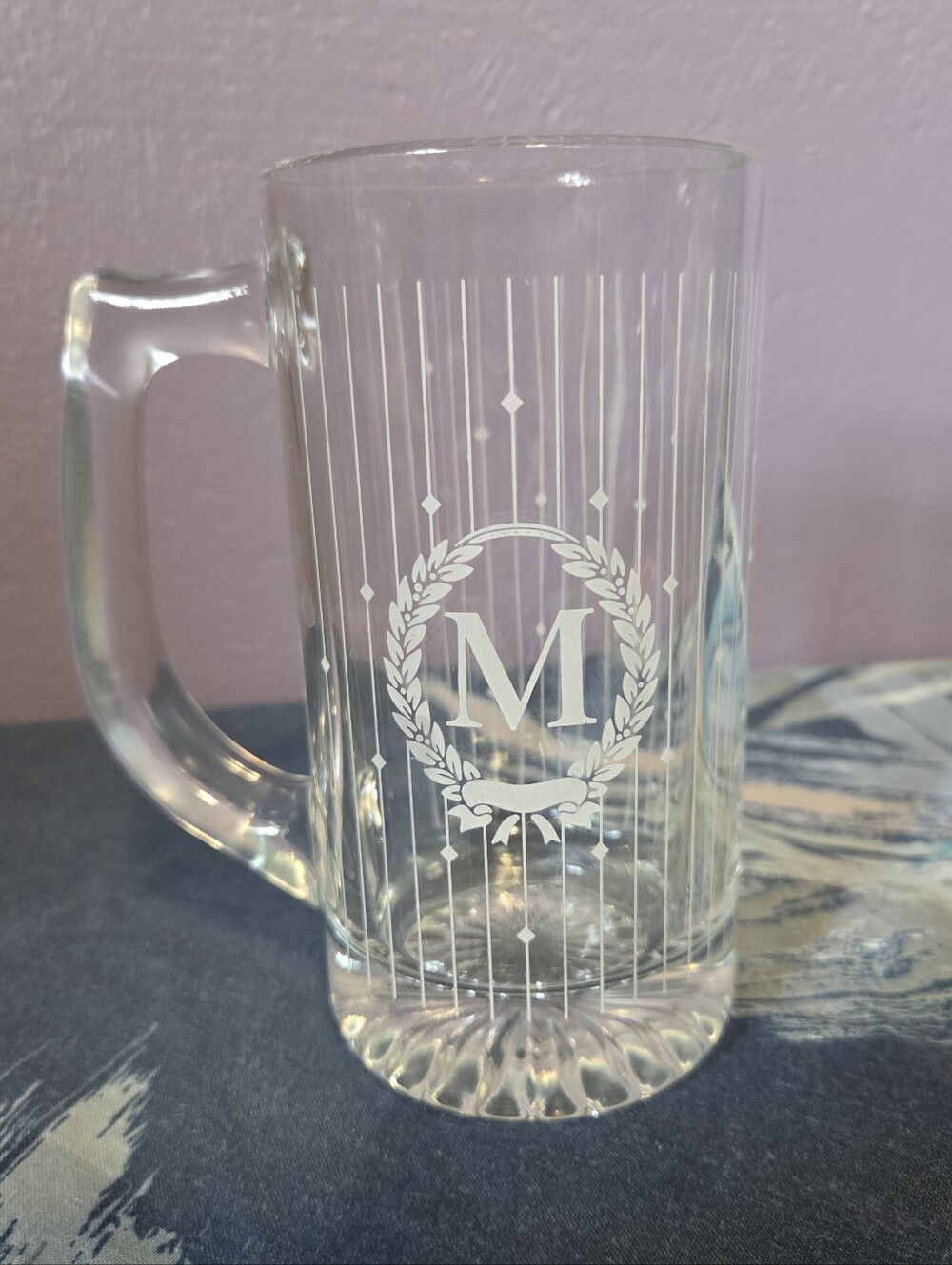 12oz. Vintage Avon "Personally Yours" monogrammed glass beer mug, Letter M